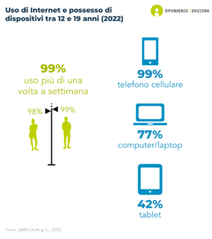 Il 99% dei giovani dai 12 ai 19 anni utilizza internet più di una volta a settimana (99% dei ragazzi e 98% delle ragazze). Le differenze d'età sono minime. Inoltre, il 99% dei giovani dai 12 ai 19 anni possiede un telefono cellulare, il 77% un computer o laptop e il 42% un tablet.